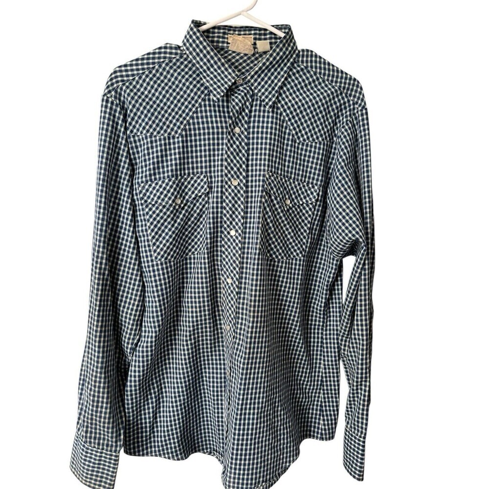 Vtg Lee Blue Gingham Plaid Snap Front Western Cowboy Shirt Yoke, Pockets Men’s L
